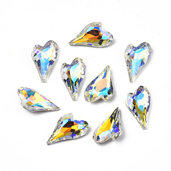 Pointed Back Glass Rhinestone Cabochons, Nail Art Decoration Accessories, AB Color Plated, Faceted, Heart, Clear AB, 15x9x4.5mm, about 500pcs/bag