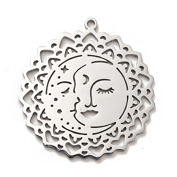 Non-Tarnish 304 Stainless Steel Pendants, Sun with Human Face Charm, Stainless Steel Color, 40.5x38x1.5mm, Hole: 2mm