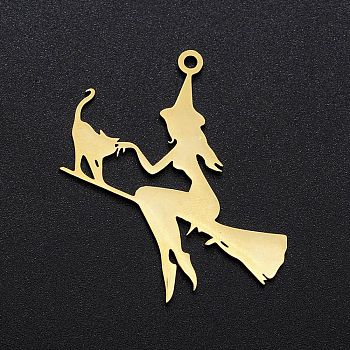 Halloween 201 Stainless Steel Pendants, Laser Cut, Witch with Cat, Golden, 40x36x1mm, Hole: 1.8mm