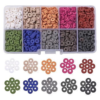 1500Pcs 10 Colors Dark Colors Handmade Polymer Clay Beads, Disc/Flat Round, Heishi Beads, Mixed Color, 6x1mm, Hole: 2mm, 150pcs/color