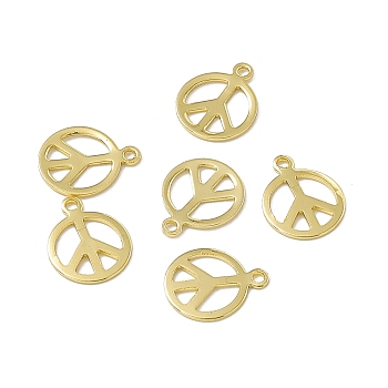 Rack Plating Brass Charms, Long-Lasting Plated, Cadmium Free & Nickel Free & Lead Free, Flat Round with Peace Sign Charm, Real 18K Gold Plated, 10x8x0.5mm, Hole: 1mm