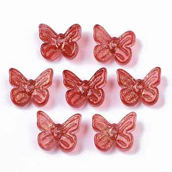 Transparent Spray Painted Glass Charms, with Golden Foil, Butterfly, Red, 10x11x3mm, Hole: 1.2mm