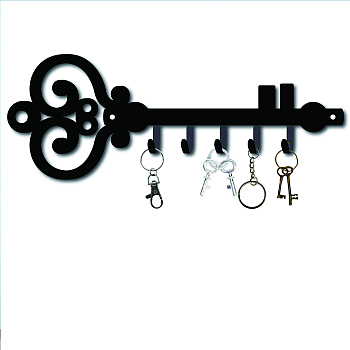 Iron Wall Mounted Hook Hangers, Decorative Organizer Rack with 5 Hooks, for Bag Clothes Key Scarf Hanging Holder, Key Shape, Gunmetal, 10x27cm