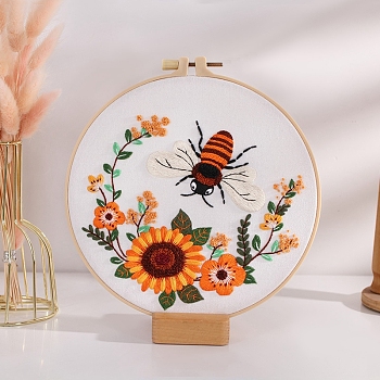 Insect Bees Flower DIY Embroidery Kits, Including Printed Fabric, Embroidery Thread & Needles, Embroidery Hoop, White, 200mm