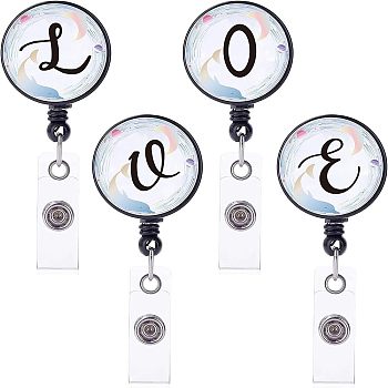 Fingerinspire 4 Pcs 4 Styles ABS Plastic Retractable Badge Reel, Card Holders, with Platinum Snap Buttons, ID Badge Holder Retractable for Nurses, Flat Round, Letter Pattern, 85x17mm, 1pc/style