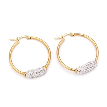 304 Stainless Steel Hoop Earrings, with Polymer Clay Crystal Rhinestone, Ring, Golden, 33.5x6mm, Pin: 0.8x1mm