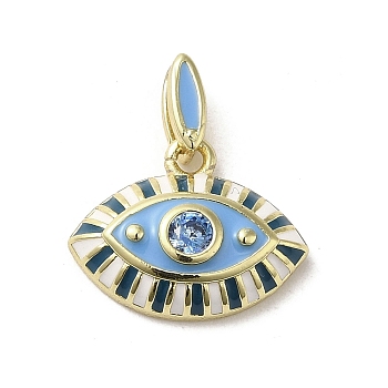 Brass Enamel Charms, with Glass, Real 18K Gold Plated, Eye Charm, Teal, 11.5x15x3.8mm, Hole: 4.5x1.5mm