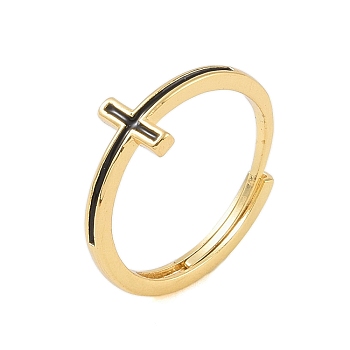 304 Stainless Steel Adjustable Finger Ring, Enamel Cross Ring for Women, Real 18K Gold Plated, Black, 7.2mm, US Size 6 1/2(16.9mm)