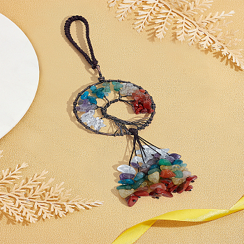 1Pc Wire Wrapped Chips Natural Gemstone Big Pendant Decorations, with Red Copper Plated Brass Wires and Nylon Cord, Flat Round with Tree of Life, 160~180mm