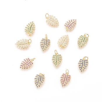 Brass Micro Pave Cubic Zirconia Pendants, Tropical Leaf Charms, with Jump Ring, Long-Lasting Plated, Real 18K Gold Plated, Monstera Leaf, Mixed Color, 15x10x2.5mm, Hole: 3mm