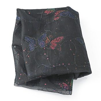 Butterfly Pattern Polyester Mesh Tulle Fabric, Garment Accessories, with Paillette, Black, 130~150x0.02cm