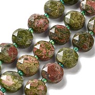 Natural Unakite Beads Strands, with Seed Beads, Faceted Hexagonal Cut, Flat Round, 12~12.5x5~6mm, Hole: 1.2~1.4mm, about 27~29pcs/strand, 15.55~15.75 inck(39.5~40cm)(G-NH0004-026)