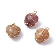 Natural Indian Agate Pendants, with Real 18K Gold Plated Eco-Friendly Copper Wire, Heart, 25x20x14~15mm, Hole: 2~2.2mm(PALLOY-JF01081-02)