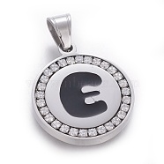 304 Stainless Steel Enamel Pendants, with Cubic Zirconia, Flat Round with Letter, Stainless Steel Color, Clear, Letter.E, 29x25x3mm, Hole: 5.5x8.5mm(STAS-E439-90E-P)