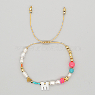 Initial Letter Natural Pearl Braided Bead Bracelet, Adjustable Bracelet, Letter M, 11 inch(28cm)(LO8834-13)