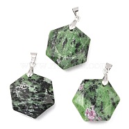 Faceted Natural Ruby in Zoisite Pendants, with Platinum Tone Brass Findings, Hexagon, 28x25x9mm, Hole: 4x5mm(G-F340-03K)