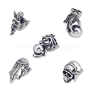 Unicraftale 5Pcs 5 Style 304 Stainless Steel Hook Clasps, For Leather Cord Bracelets Making, Skull & Claw with Ball & Dragon with Ball & Man & Prayer Angel, Antique Silver, 1pc/style(STAS-UN0021-98AS)