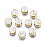 Alloy Enamel Beads, Cadmium Free & Lead Free, Light Gold, Flat Round with Alphabet, White, Letter.E, 8x4mm, Hole: 1.5mm(ENAM-N052-006-01E-RS)