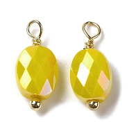 Electroplate Glass Charms, with Real 18K Gold Plated Brass Loop, Faceted Oval Charm, Yellow, 13.5x6x4mm, Hole: 1.6mm(KK-P242-21G-01)