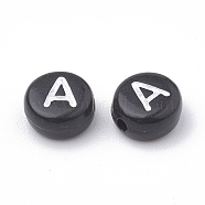 Opaque Acrylic Beads, Horizontal Hole, Alphabet Style, Flat Round, Letter.A, 7x4mm, Hole: 1.5mm, about 3700pcs/500g(SACR-N002-02A)