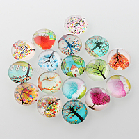 Tree of Life Printed Half Round/Dome Glass Cabochons, Mixed Color, 10x4mm