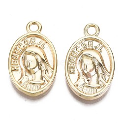 Brass Pendants, Nickel Free, Oval with Virgin Mary, Real 18K Gold Plated, 25x15x4mm, Hole: 2mm(KK-T056-35G-NF)