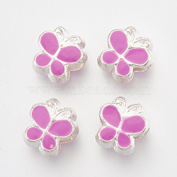 Alloy Enamel Butterfly Large Hole European Beads, Silver Color Plated, Hot Pink, 10x10x7mm, Hole: 4.5mm(MPDL-R036-47G)
