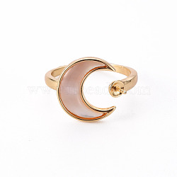 Brass Peg Bails Cuff Finger Ring Settings, with Natural Shell, for Half Drilled Bead, Nickel Free, Moon, Real 18K Gold Plated, US Size 6(16.5mm), Pin: 0.8mm(KK-T062-70G-NF)