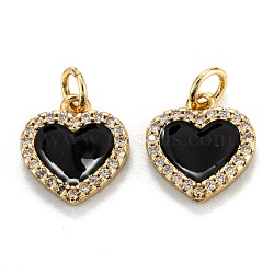 Brass Micro Pave Clear Cubic Zirconia Pendants, with Enamel, Real 18K Gold Plated, Long-Lasting Plated, Heart, Black, 12x11x2mm, Hole: 3.2mm(ZIRC-M115-43G-E)