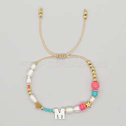 Initial Letter Natural Pearl Braided Bead Bracelet, Adjustable Bracelet, Letter M, 11 inch(28cm)(LO8834-13)