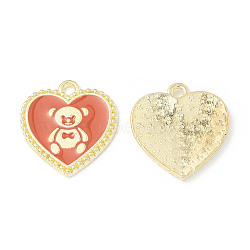 Alloy Enamel Pendants, Heart with Bear Pattern Charm, Golden, Coral, 21x19x1.7mm, Hole: 2mm(ENAM-G212-06G-02)