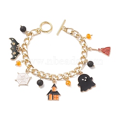 Alloy Enamel Ghost & Bat & Broom & Natural Lava Rock Charm Bracelet, Halloween Jewelry for Women, Colorful, 7-1/2 inch(19.2cm)(BJEW-TA00132)