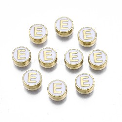 Alloy Enamel Beads, Cadmium Free & Lead Free, Light Gold, Flat Round with Alphabet, White, Letter.E, 8x4mm, Hole: 1.5mm(ENAM-N052-006-01E-RS)