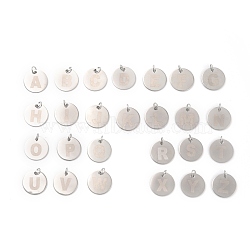 304 Stainless Steel Charms, with Jump Rings, Laser Cut, Flat Round with Letter, Stainless Steel Color, 13x0.8mm, Hole: 2.5mm(STAS-H159-01P)