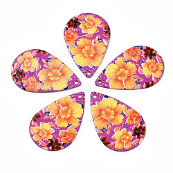 Spray Painted Iron Pendants, Rubberized Style, 3D Printed, Flower Print Pattern, Teardrop, Medium Orchid, 27.5x18x0.7mm, Hole: 1.2mm(X-IFIN-T016-05)