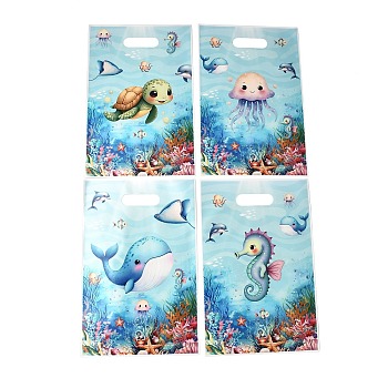 50Pcs 4 Styles Ocean Printed Plastic Gift Storage Tote Bags, Party Favor Bags with Die-Cut Handles, Rectangle, Sky Blue, 25x16.5x0.01cm