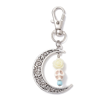 Skull Synthetic Turquoise & Resin Pendants Decorations, Alloy Hollow Moon & Swivel Clasp Charm for Bag Ornaments, White, 74mm