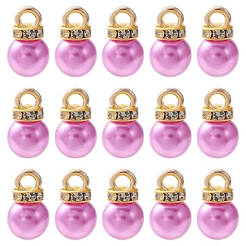 ABS Plastic Charms, with Golden Tone Iron Findings and Rhinestone, Dyed, Round Charm, Dark Orchid, 13.5x8mm, Hole: 2.5mm, about 15pcs/bag