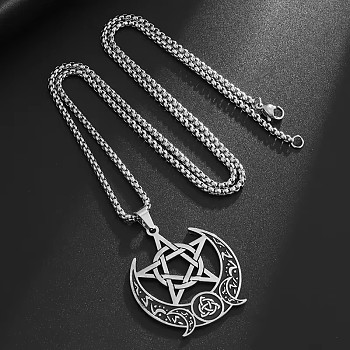 Moon Pentagram Stainless Steel Pendant Necklaces for Women Men, Stainless Steel Color, 23.62 inch(60cm)