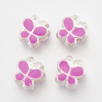 Alloy Enamel Butterfly Large Hole European Beads, Silver Color Plated, Hot Pink, 10x10x7mm, Hole: 4.5mm