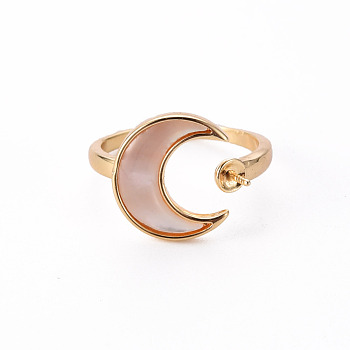 Brass Peg Bails Cuff Finger Ring Settings, with Natural Shell, for Half Drilled Bead, Nickel Free, Moon, Real 18K Gold Plated, US Size 6(16.5mm), Pin: 0.8mm