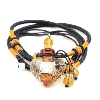 Baroque Style Heart Handmade Lampwork Perfume Essence Bottle Pendant Necklace, Adjustable Braided Cord Necklace, Sweater Necklace for Women, Gold, Bottle: 40x22mm