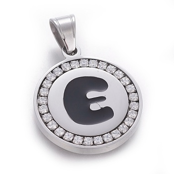 304 Stainless Steel Enamel Pendants, with Cubic Zirconia, Flat Round with Letter, Stainless Steel Color, Clear, Letter.E, 29x25x3mm, Hole: 5.5x8.5mm
