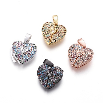 Valentine's Day Brass Micro Pave Cubic Zirconia Openable Pendants, Heart, Colorful, Mixed Color, 16x15.5x3mm, Hole: 4.5x2.5mm