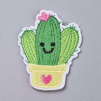 Computerized Embroidery Cloth Iron on/Sew on Patches, Costume Accessories, Appliques, for Backpacks, Clothes, Cactus with Smile, Green, 62x46x1.5mm