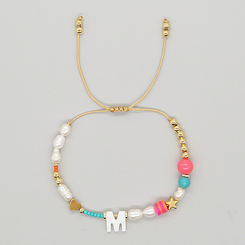 Initial Letter Natural Pearl Braided Bead Bracelet, Adjustable Bracelet, Letter M, 11 inch(28cm)