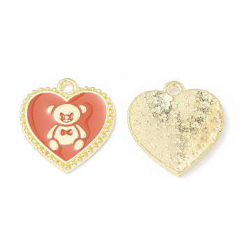 Alloy Enamel Pendants, Heart with Bear Pattern Charm, Golden, Coral, 21x19x1.7mm, Hole: 2mm