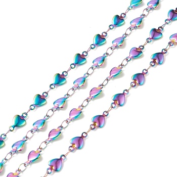 304 Stainless Steel Link Chains, Soldered, Heart, with Spool, Rainbow Color, 10x5~5.5x2mm, about 32.8 Feet(10m)/roll