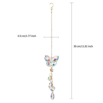 Glass Hanging Ornaments, Heart/Teardrop Tassel Suncatchers for Home Outdoor Decoration, Butterfly, 300mm