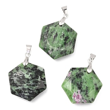 Faceted Natural Ruby in Zoisite Pendants, with Platinum Tone Brass Findings, Hexagon, 28x25x9mm, Hole: 4x5mm